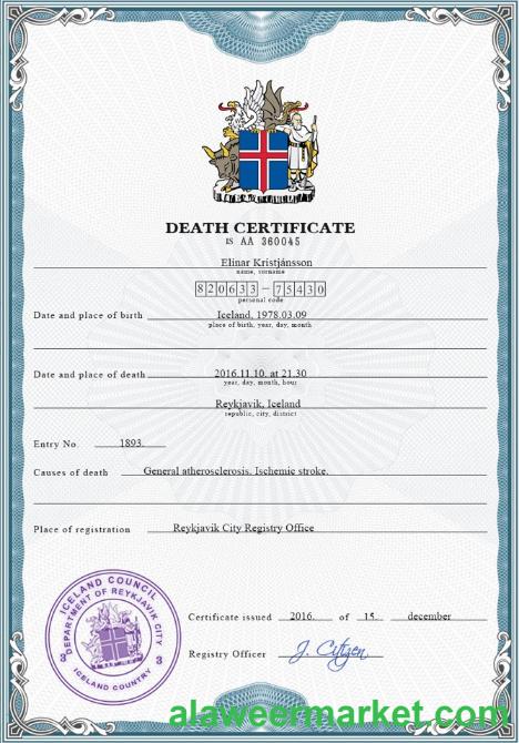 Iceland vital record death certificate PSD template